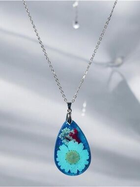 Pressed Daisy Blue Pendant Necklace  20" Chain 2" Teardrop Handmade